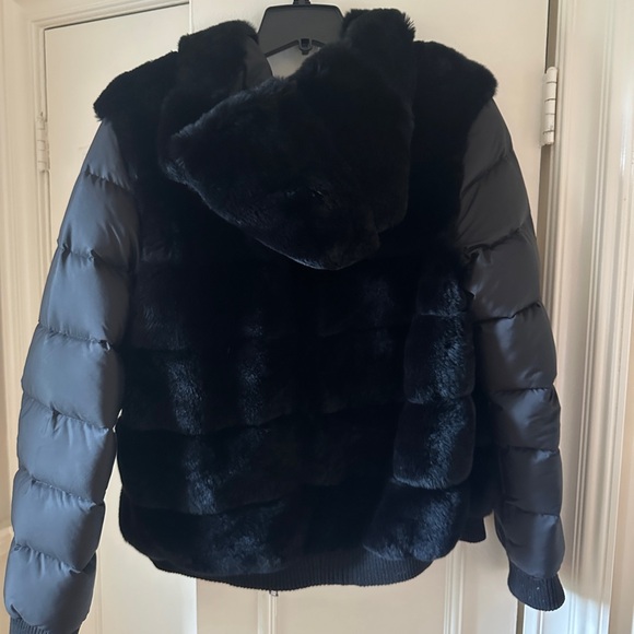 Black Fur and Puffer Hooded Jacket - Picture 2 of 3